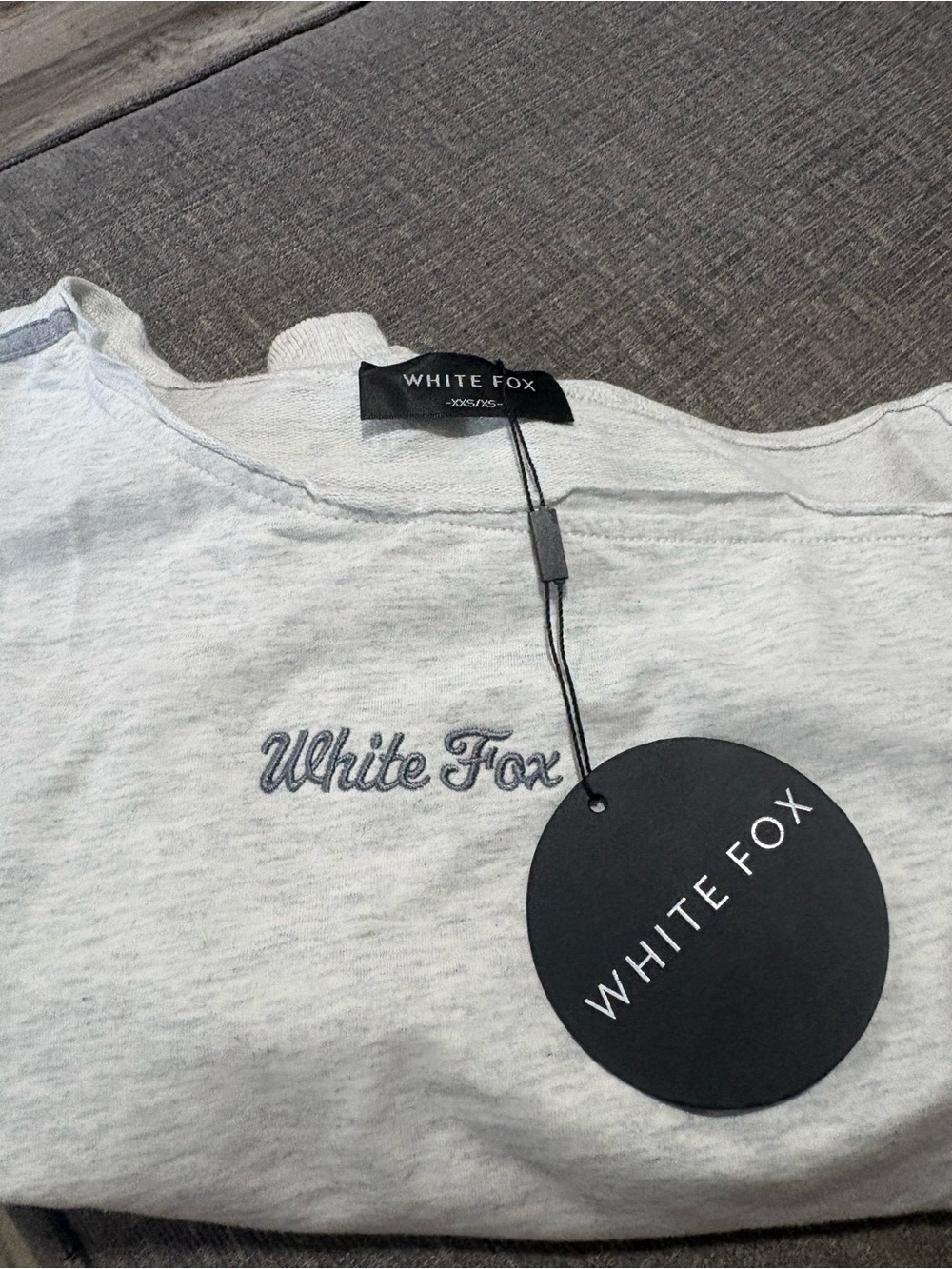 White Fox Boutique Light Gray Embroidered Logo Crop Top